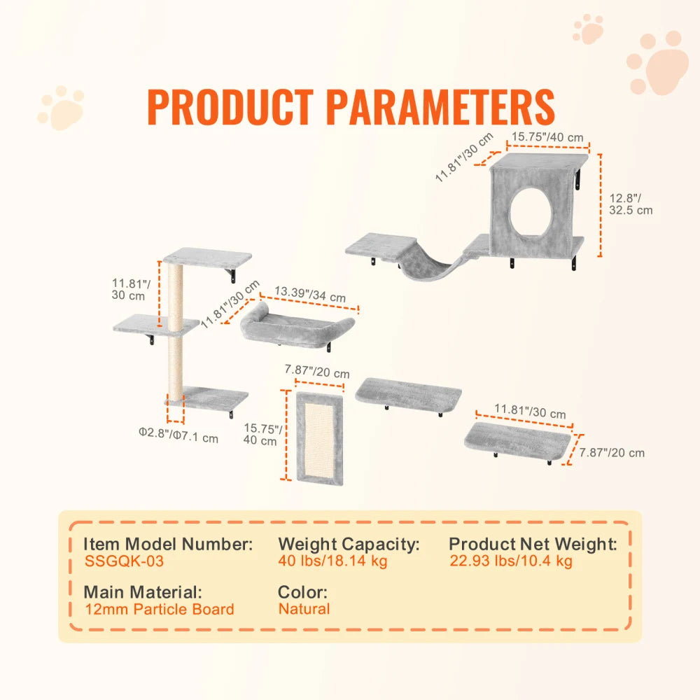 Wall Mounted Cat Shelves Set of 6, Cat Wall Furniture with 2 Jumping Boards, Hammock, Sofa, Cat Tree and Cat Grip, Cat Climbing Shelves and Perches for Sleeping, Playing and Scratching, Supports Cats up to 40 lbs