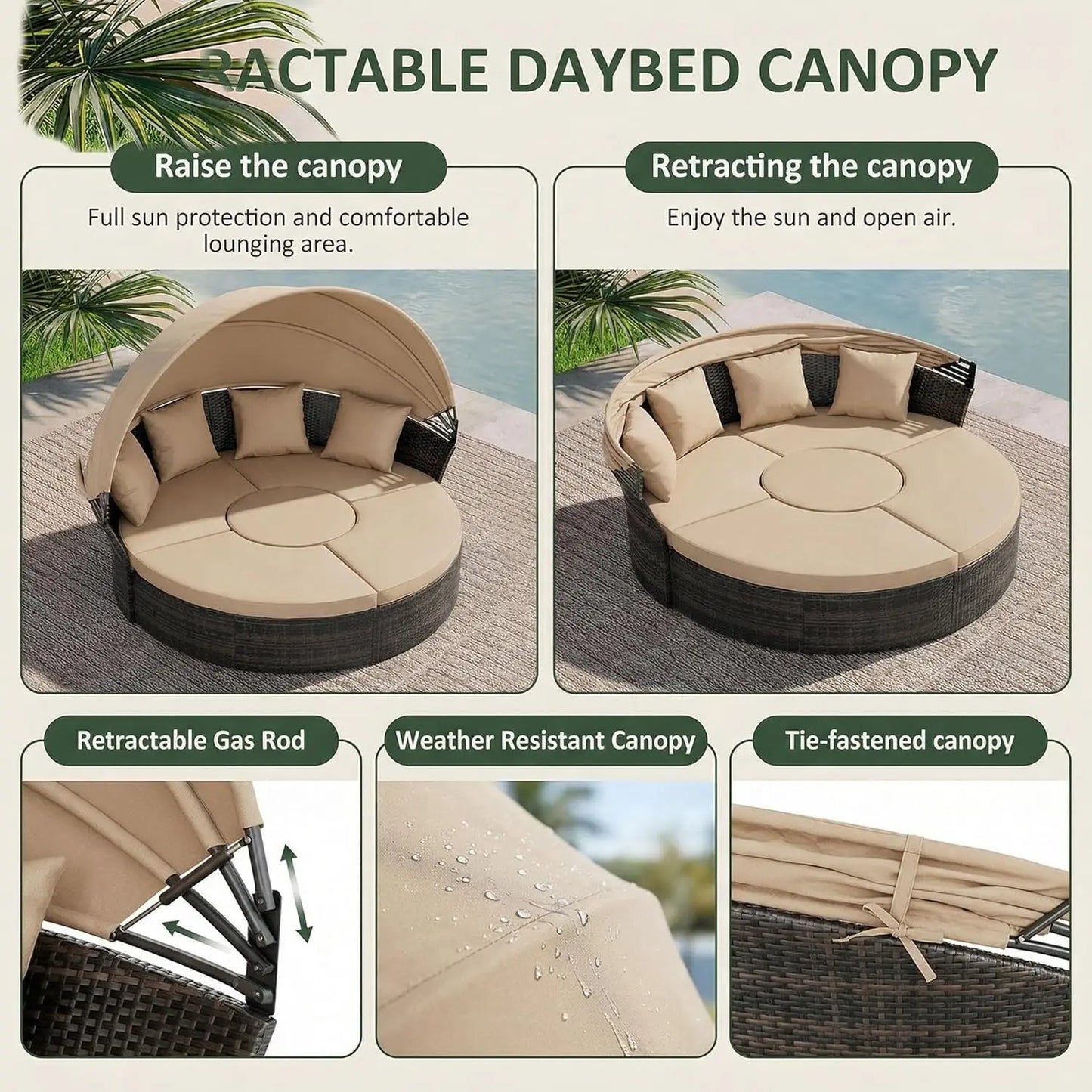 Patio Daybed With Retractable Canopy Wicker Rattan Set