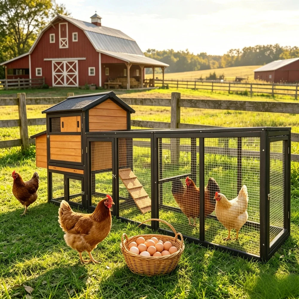 large main house Gray Wooden Chicken Coop Large Outdoor Hen Run Nesting Box Poultry Cage Rabbit Hutch Waterproof Anti-UV Panel