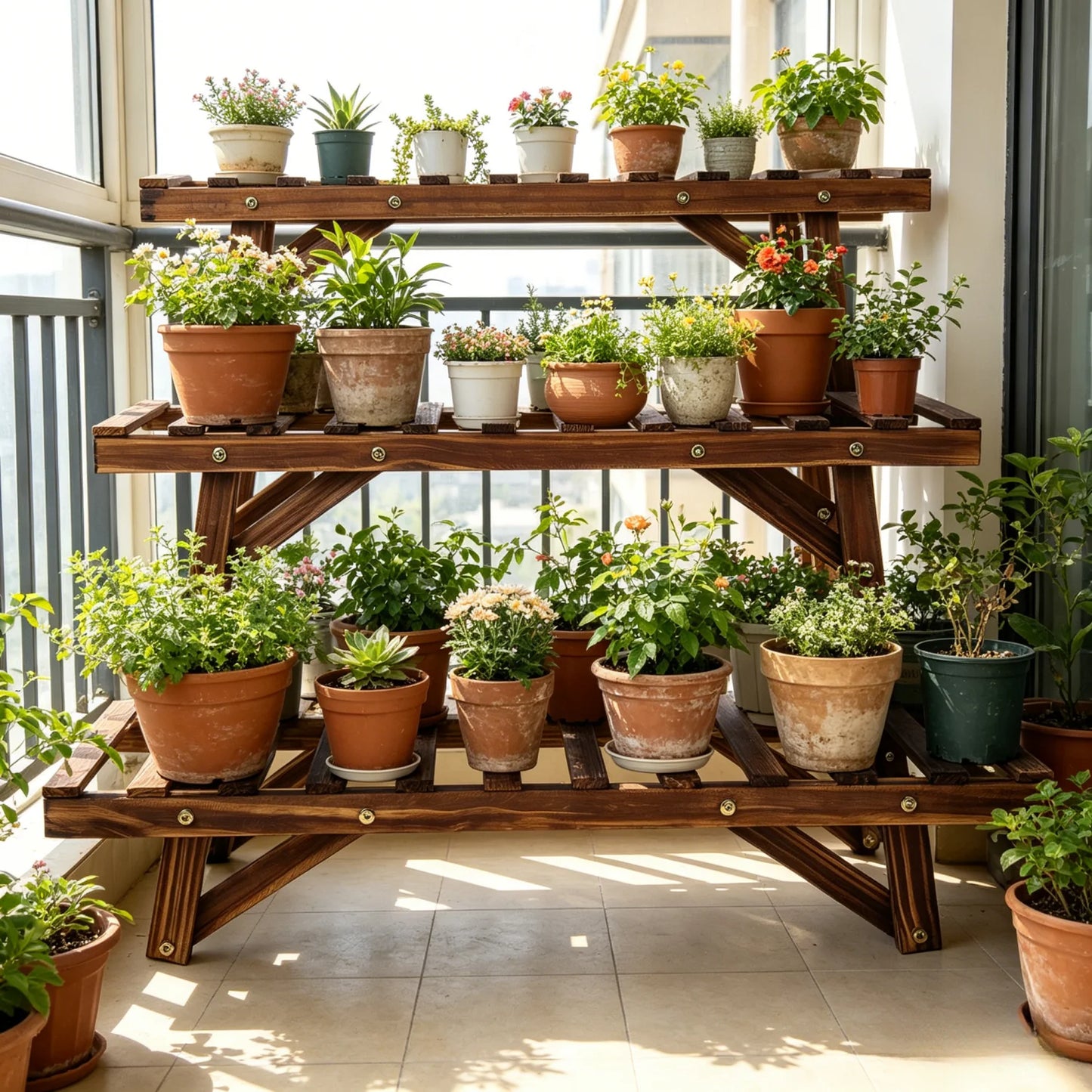 3 Tier Wood Plant Shelf For Balcony And Living Room