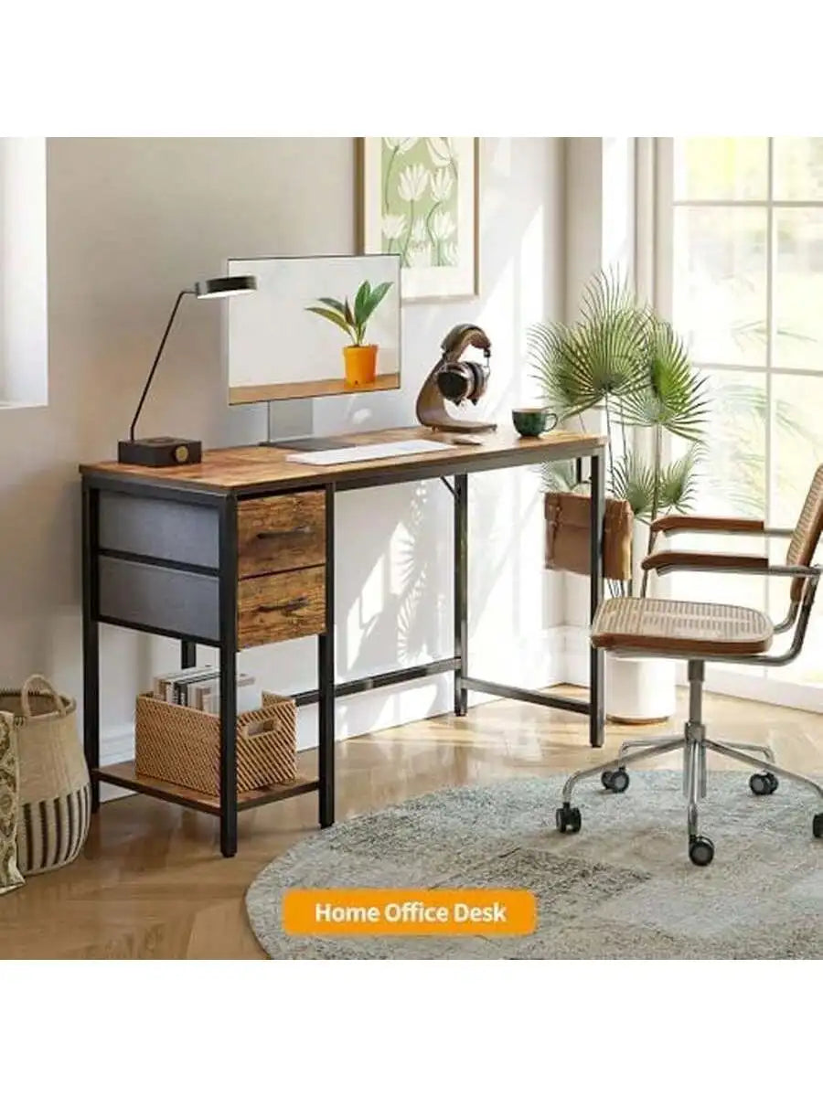 Computer Desk With 2 Drawers, 40 Inch Small Office Desk Study Writing Table, Light Brown