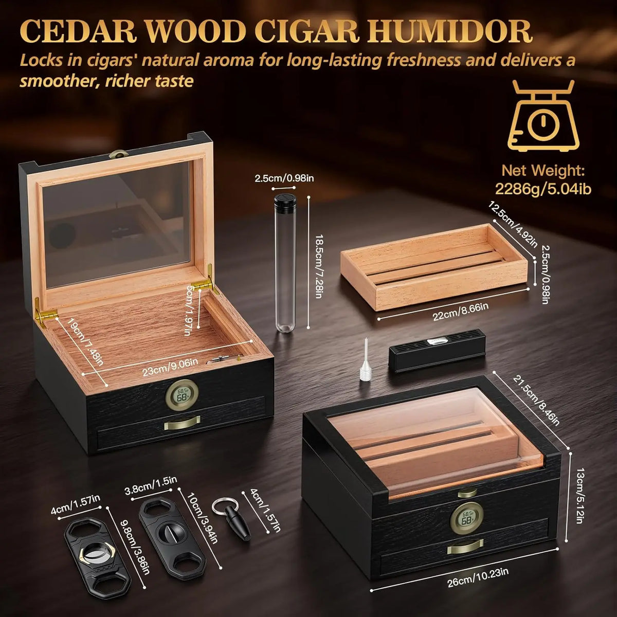 Cigar Humidor With Music Box, Cedar Tray And Digital Hygrometer