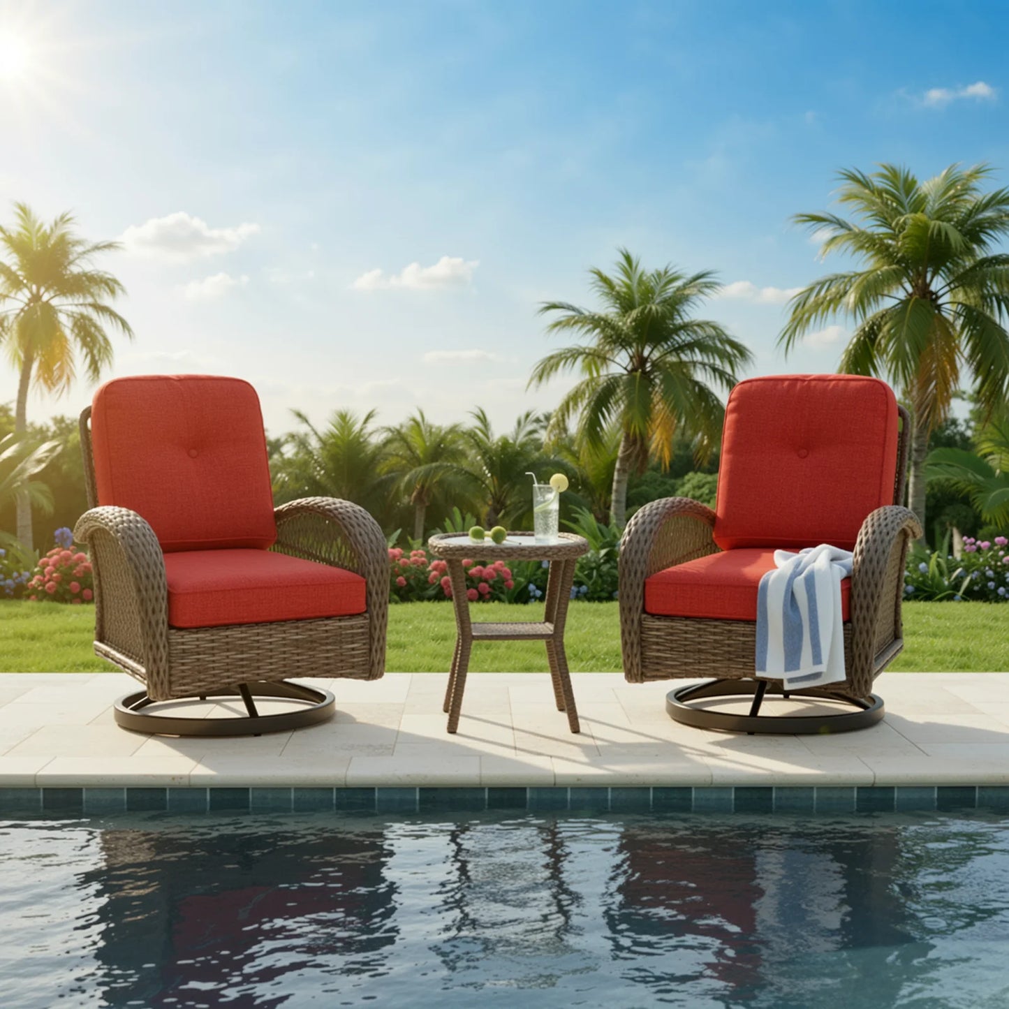 Outdoor 3 Piece Patio Set With Rotating Rocking Cushioned Chairs