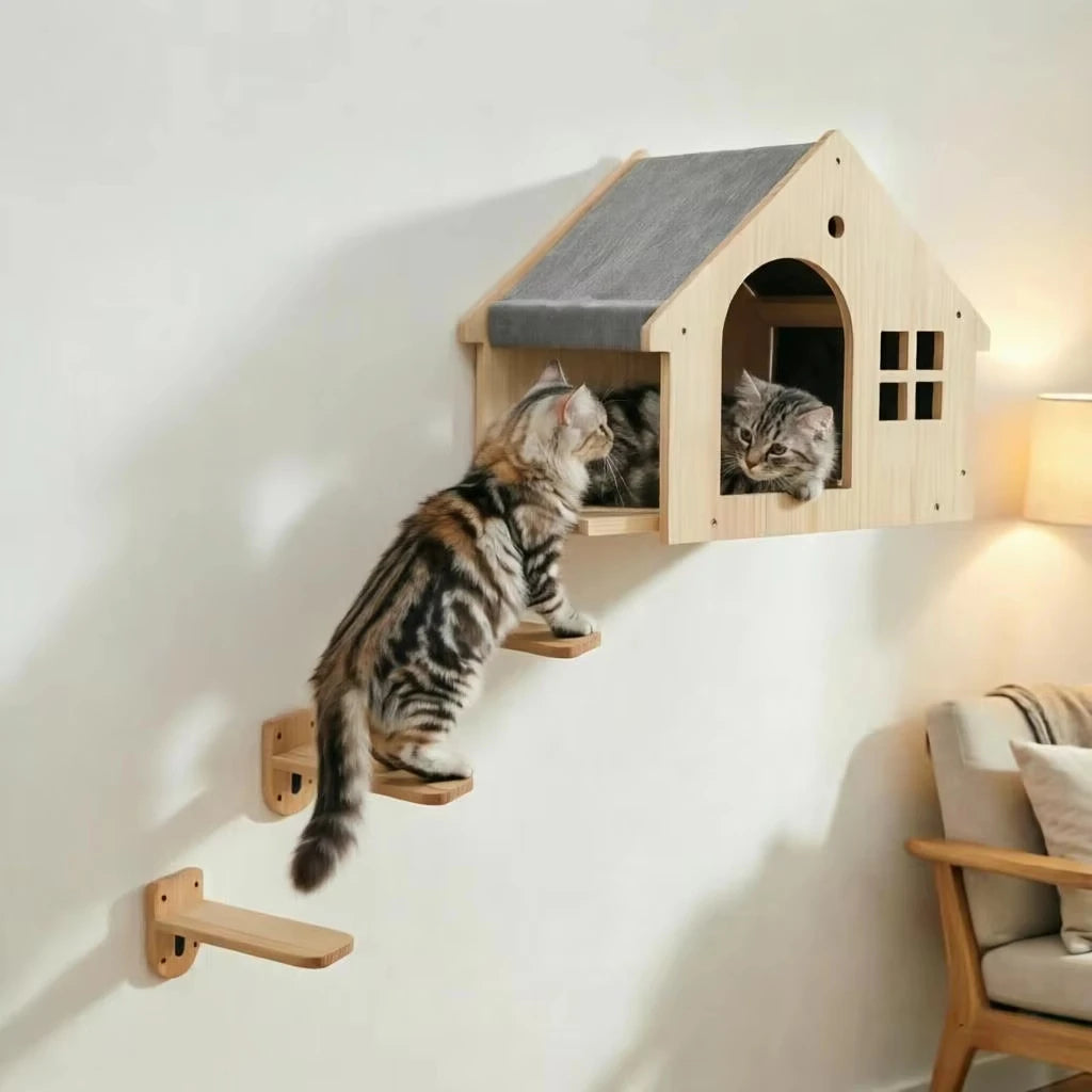1pc Wall Mounted Cat Condo Villa Wooden Cats Climbing Floating Shelf Kitten House Wall Furniture for Sleeping and Resting