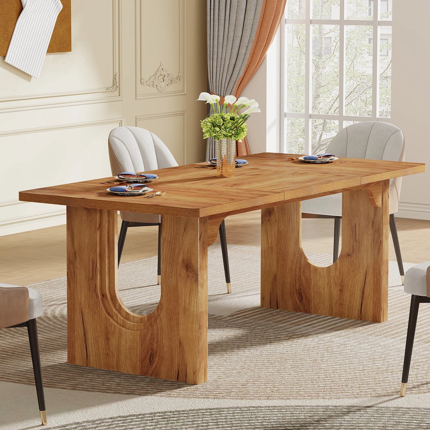 LITTLE TREE Modern Dining Table for 6 to 8 People, 71" Large Kitchen Dining Table with Wood Pedestal Base