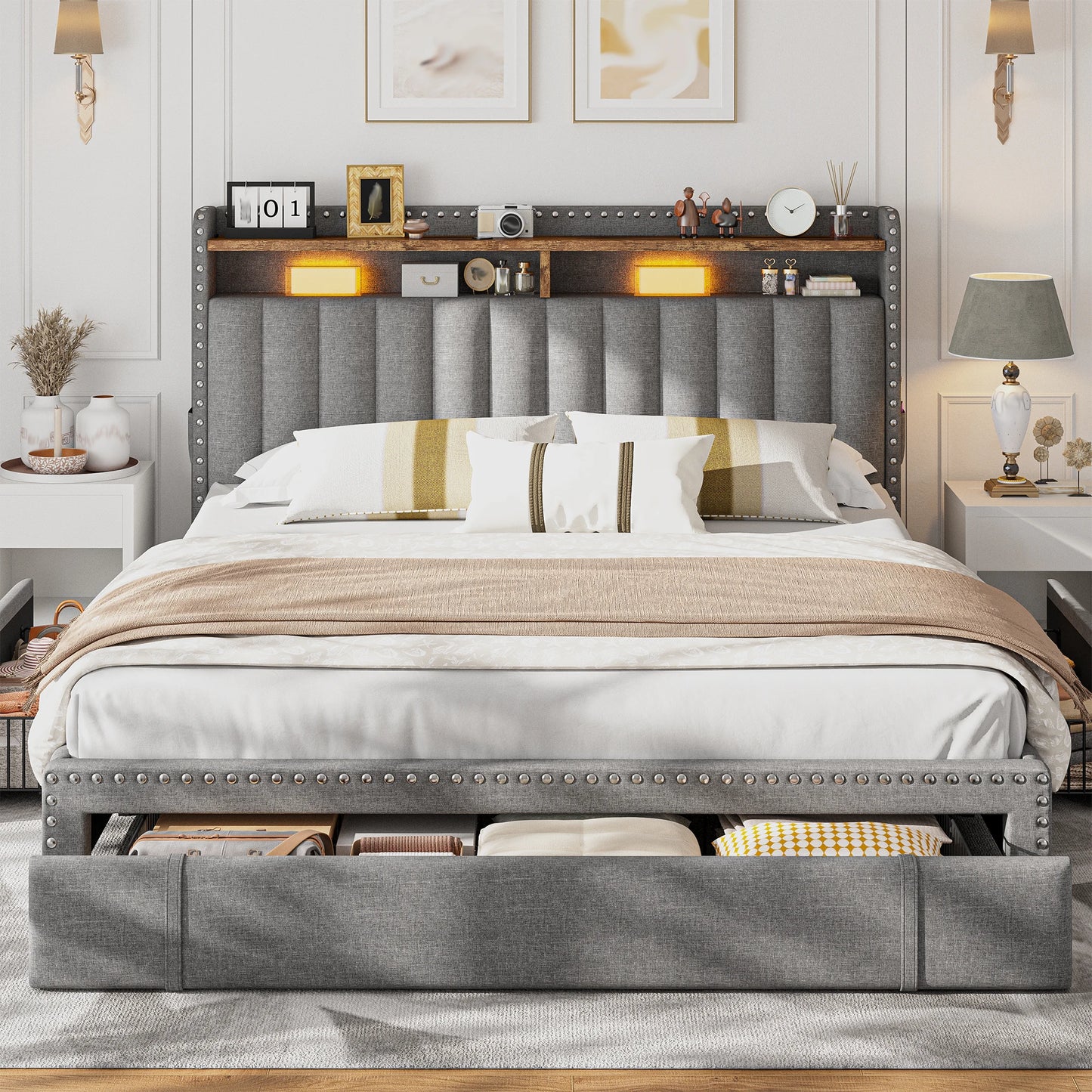 EnHomee Upholstered Platform Bed Frame With Three Storage Drawers