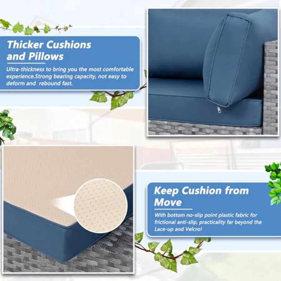 Outdoor patio furniture sets: gray PE wicker modular sectional sofa with washable cushions, Aegean blue accents, weather-resist