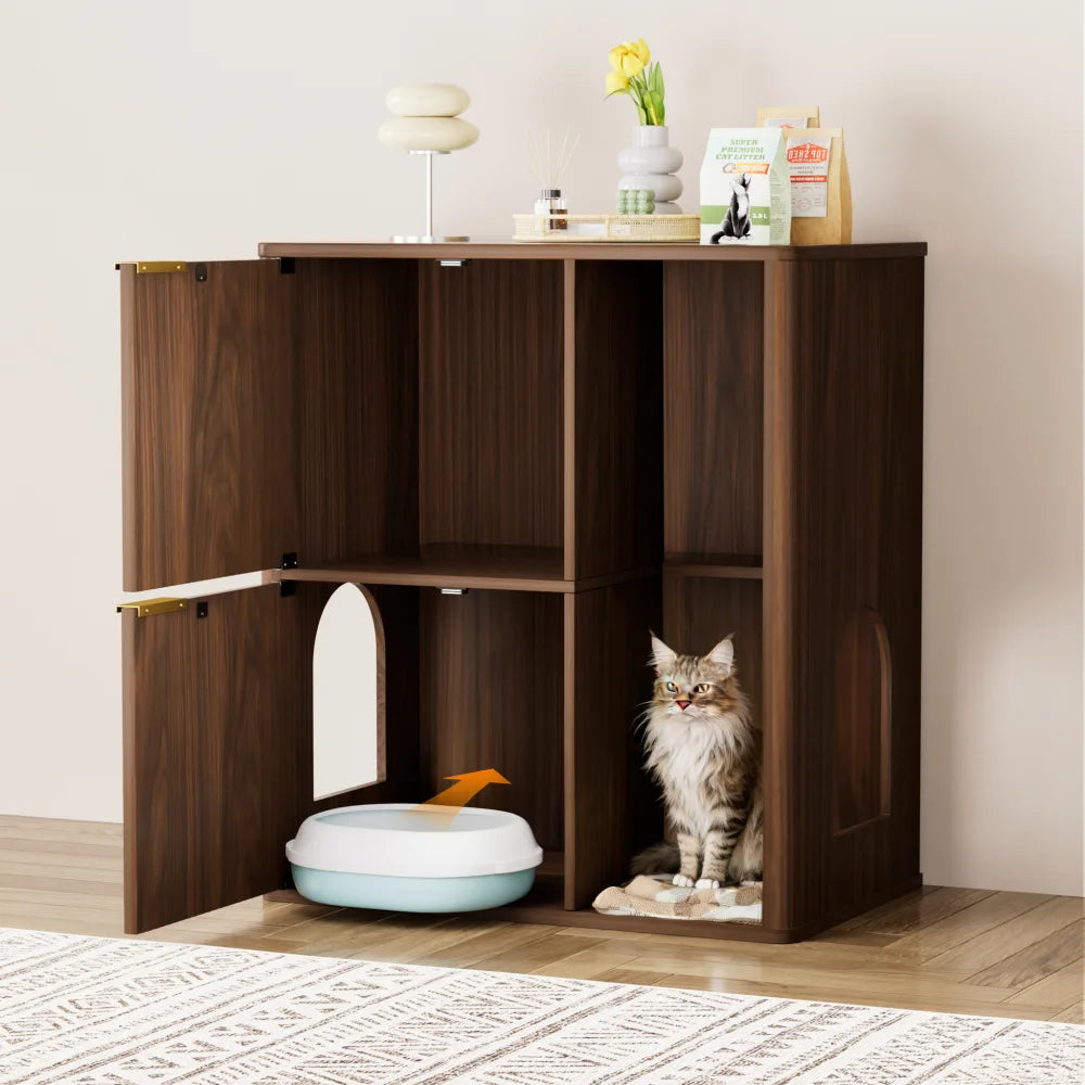 Walnut Cat Litter Cabinet Cat Tree - Grooved Concealed Litter Featuring Dual Cat Doors and Storage Shelves,Versatile Pet Cabinet