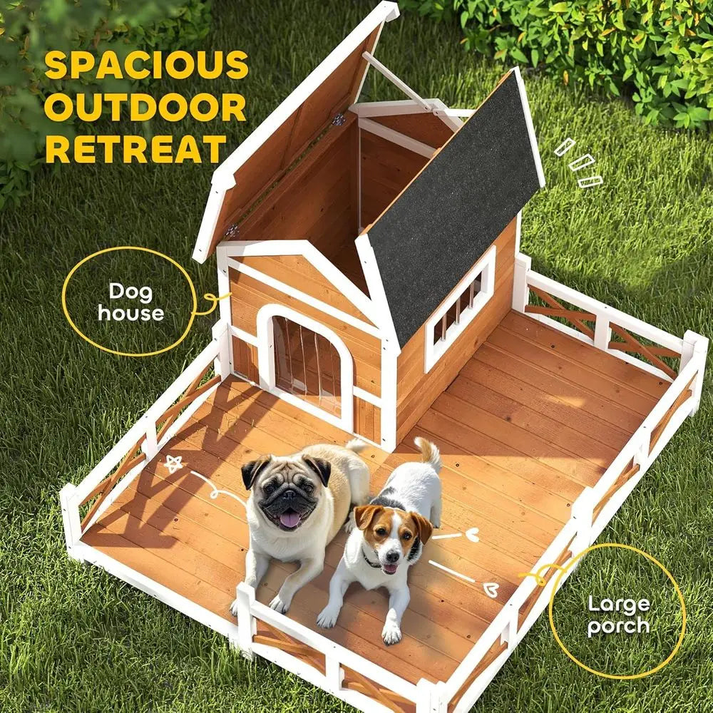 Outdoor Wooden Dog House With Porch And Weatherproof Openable Roof