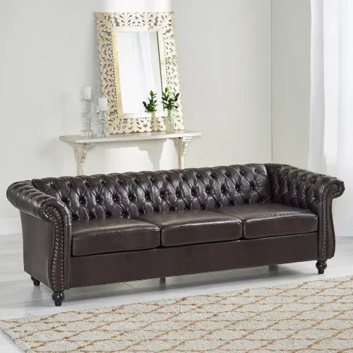 Classic Chesterfield Sofa - Button Tufted, Nailhead Trim, Scrolled Arms & Low Profile Design