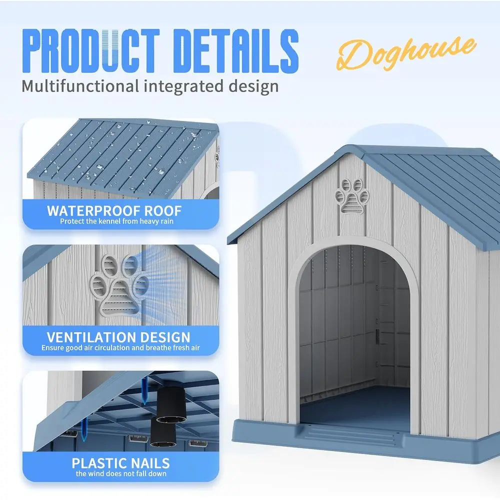 Large Dog House Indoor Outdoor Waterproo,Puppy Shelter with Air Vents and Elevated loor,Sturdy Dog Kennel or Small to Large Size