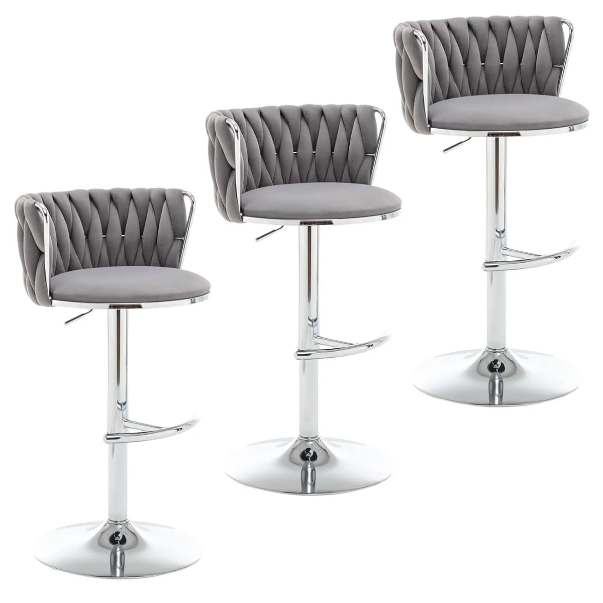 Mid Century Velvet Swivel Bar Stools With Woven Backrest and Support