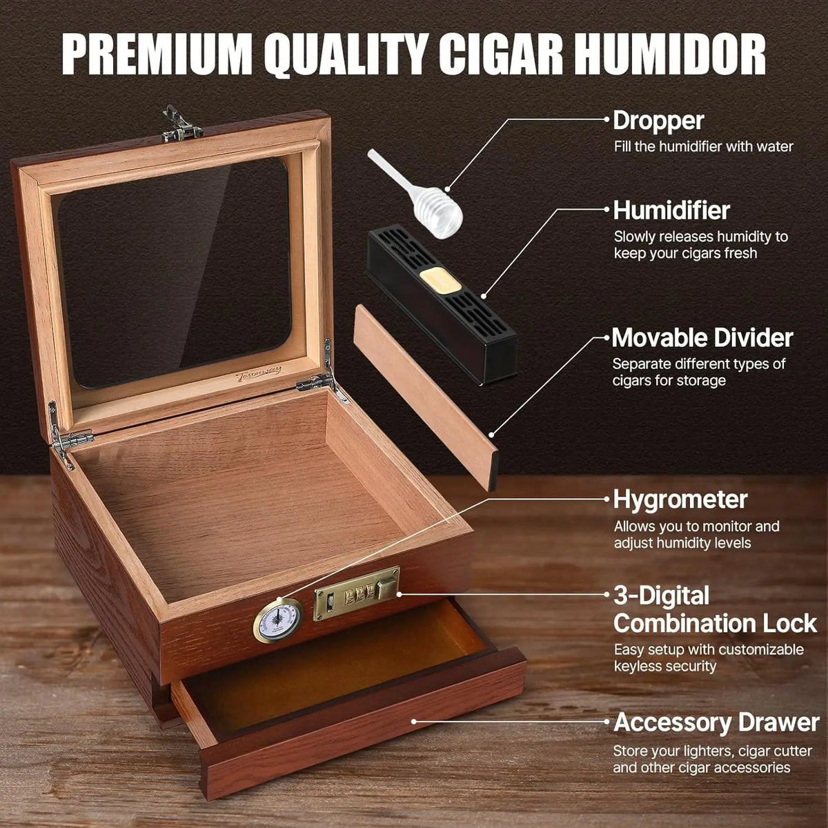 Tesonway Cedar Wood Cigar Humidor Box With Glass Top