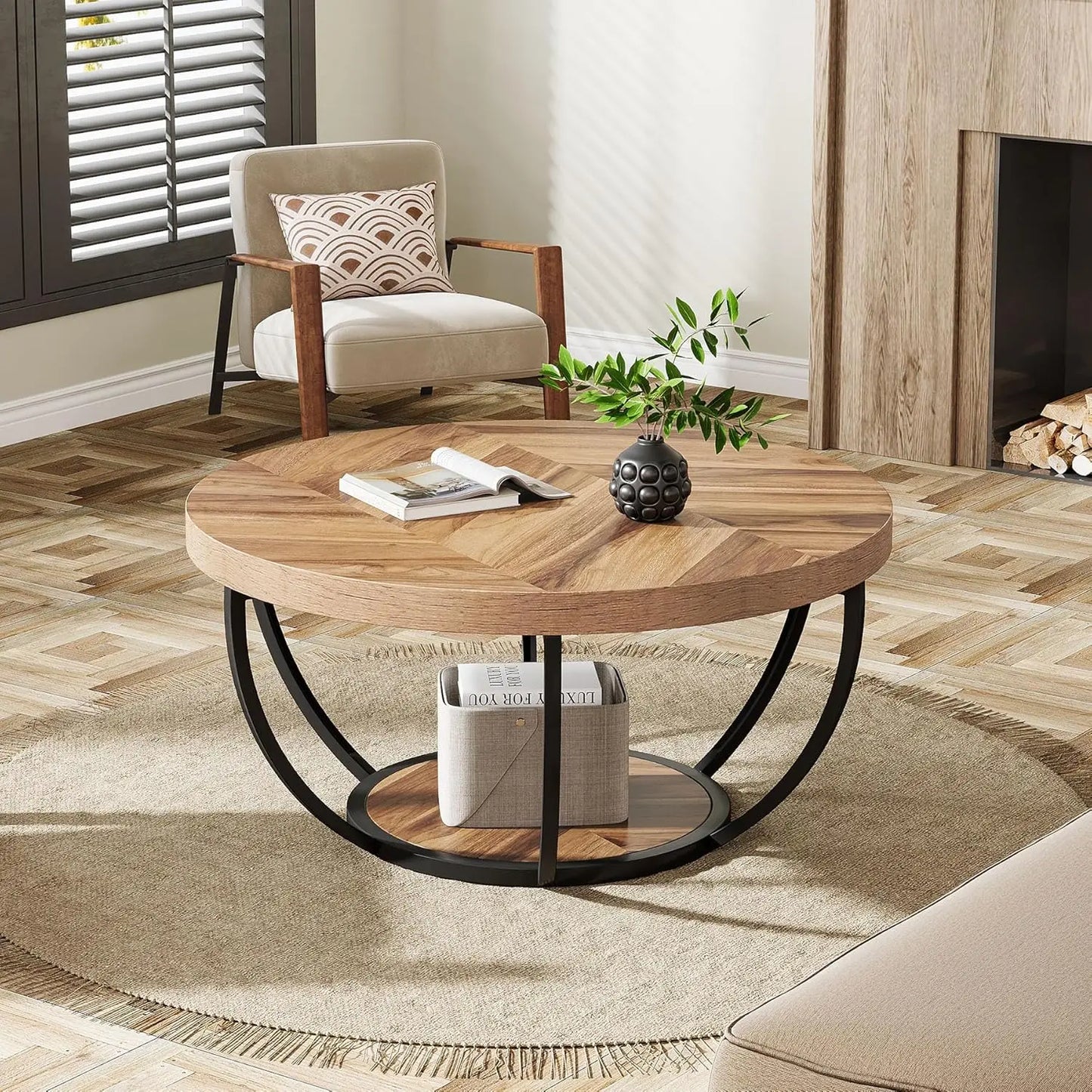 Little Tree Marble Circle Coffee Table With Open Storage And 2-Tier Metal Legs