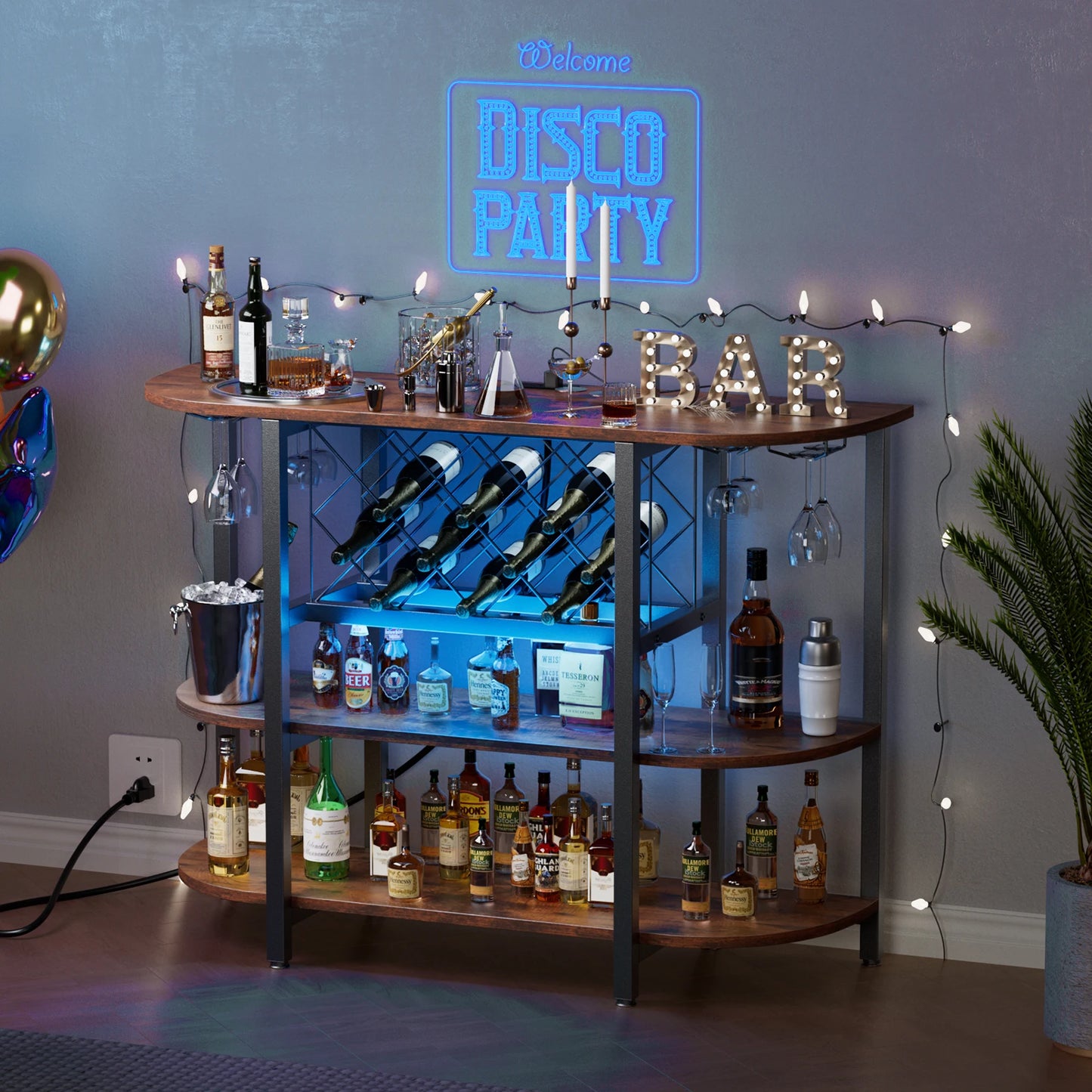 LED Home Bar Cabinet With Charging Station And Glassware Holder