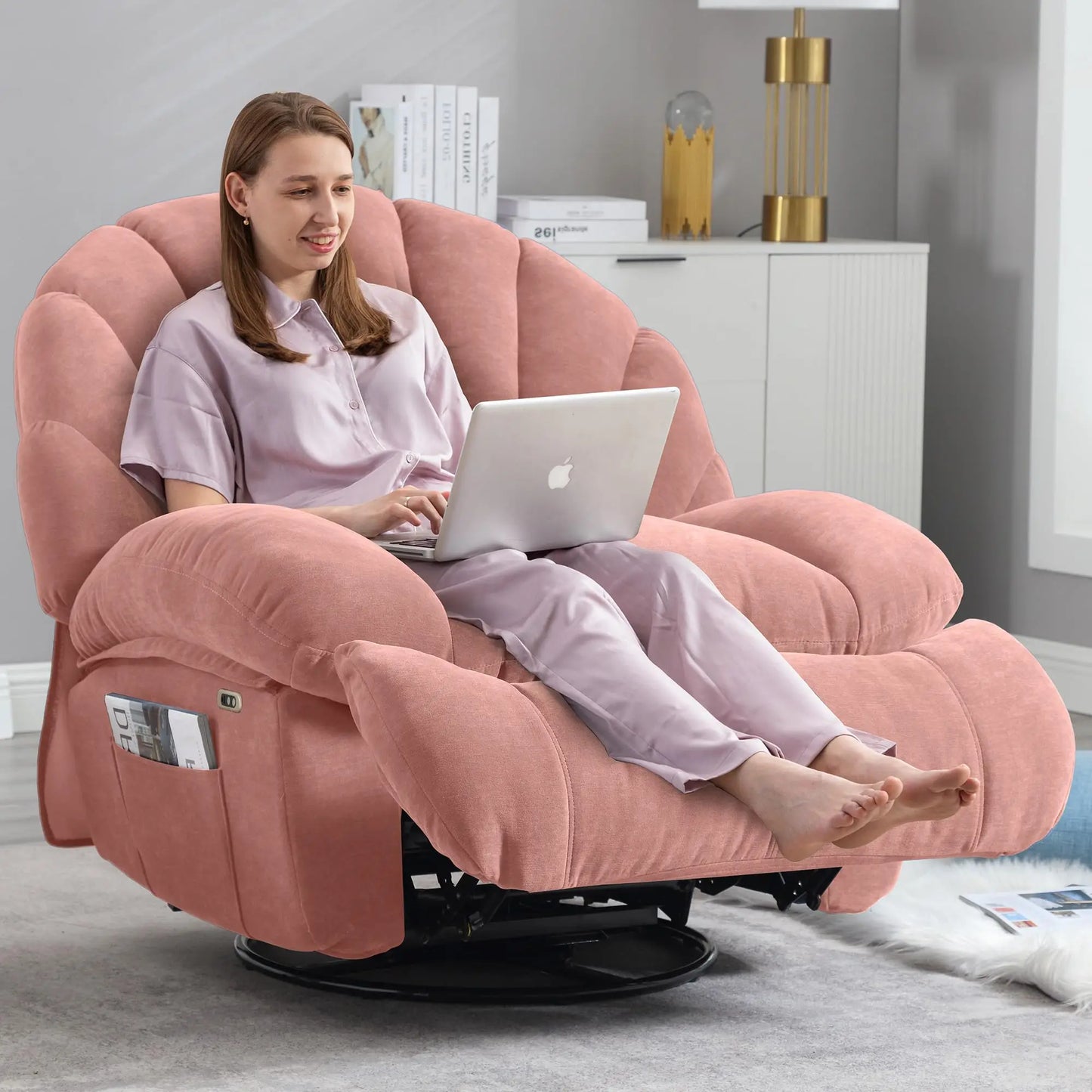 Power Recliner Chair With 360 Swivel And Storage Soft Fabric