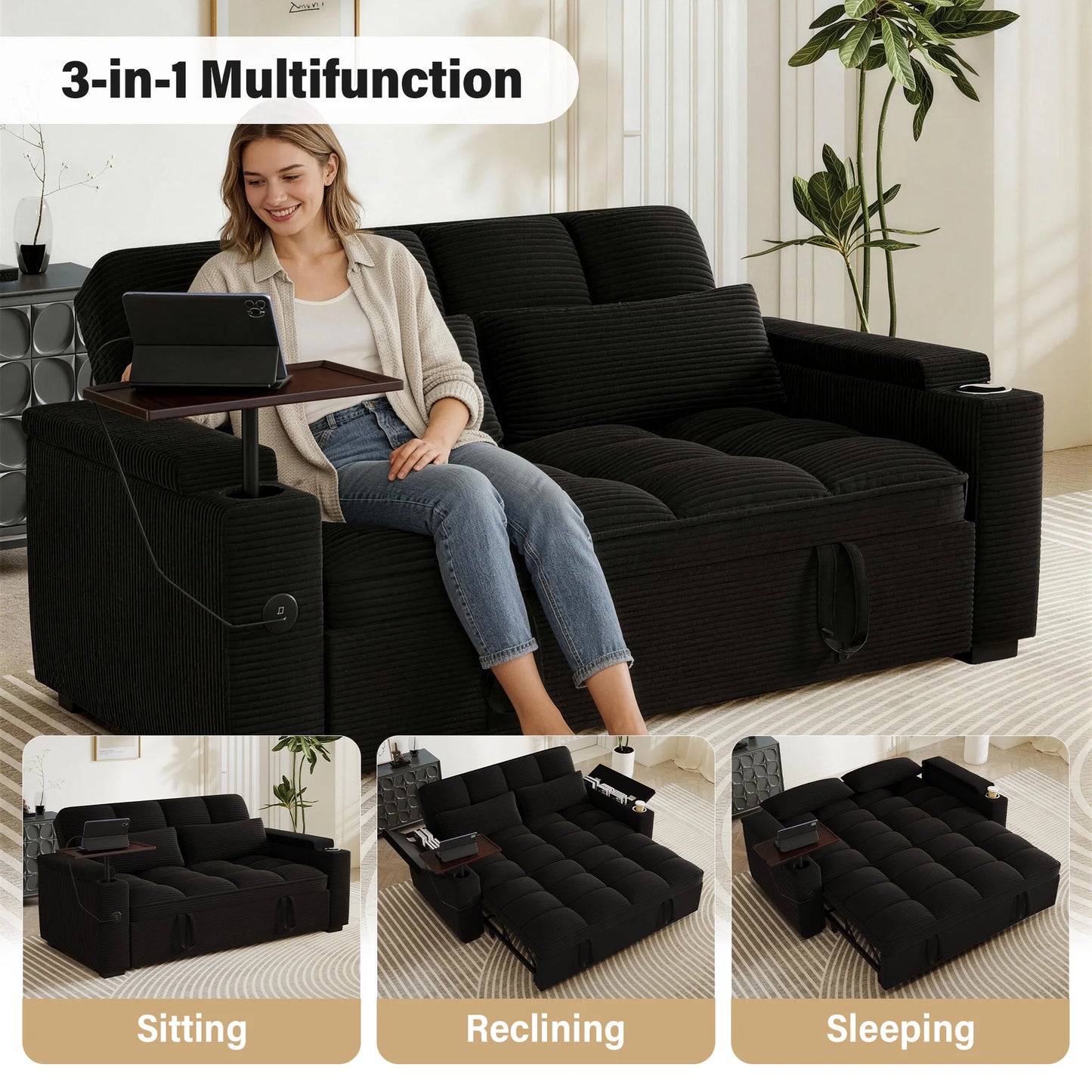 Convertible Folding Sofa Bed With Corduroy Fabric And USB Charging