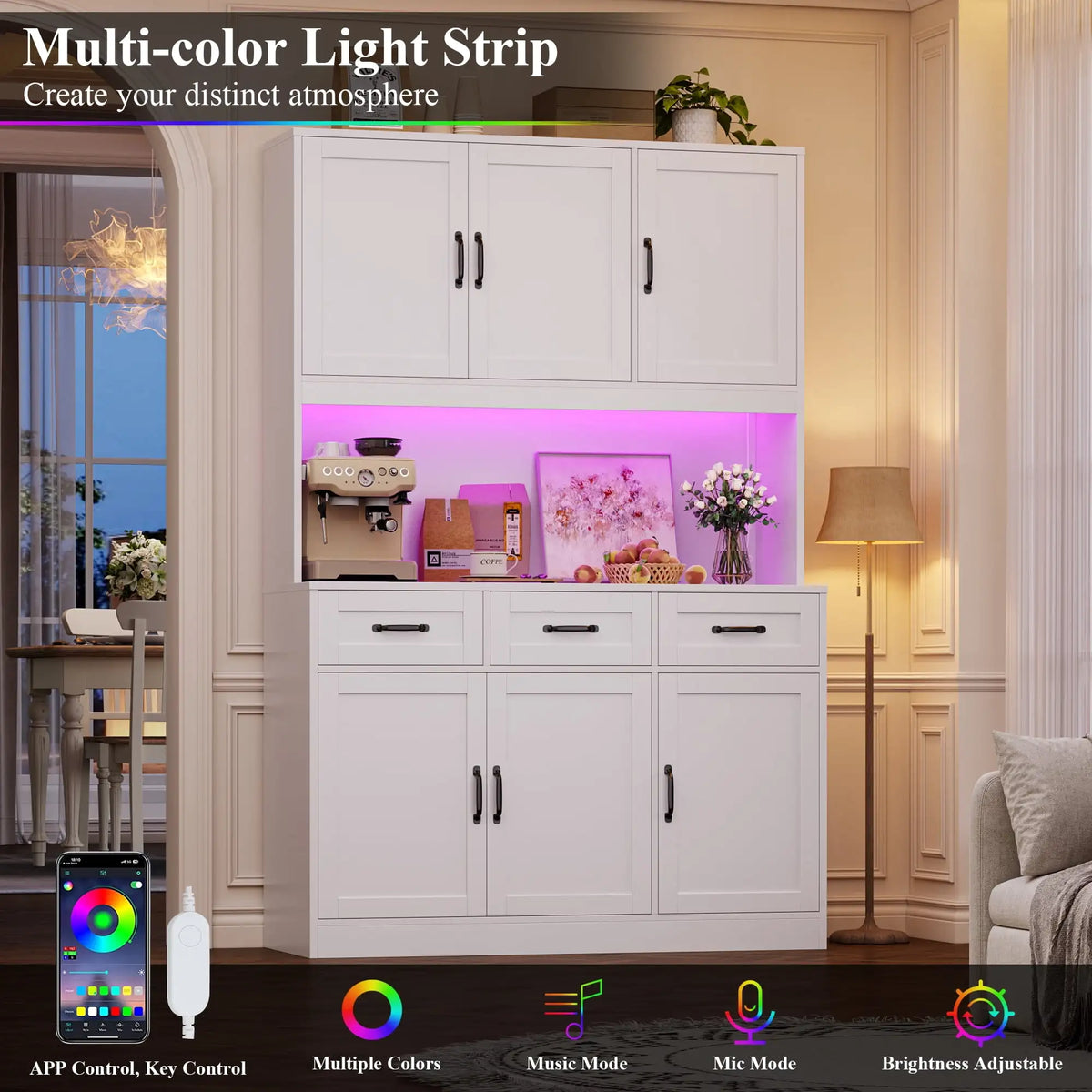 72" Tall Kitchen Pantry Storage Cabinet with RGB LED, Hutch Cabinet with Charging Station and Adjustable Shelves for Dining Room, White