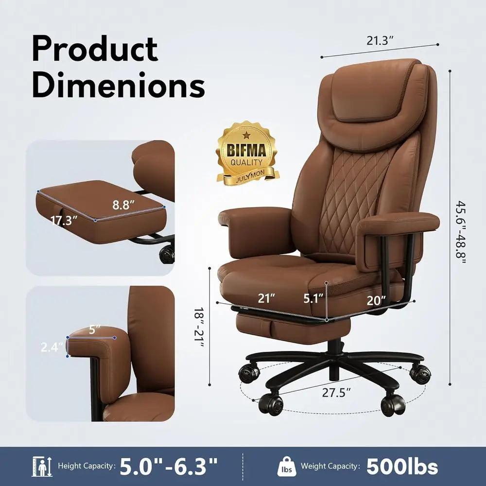 Premium Heavy-Duty Big and Tall Office Chair, 165° Recline, Footrest, Quiet Wheels, Adjustable Height, Brown