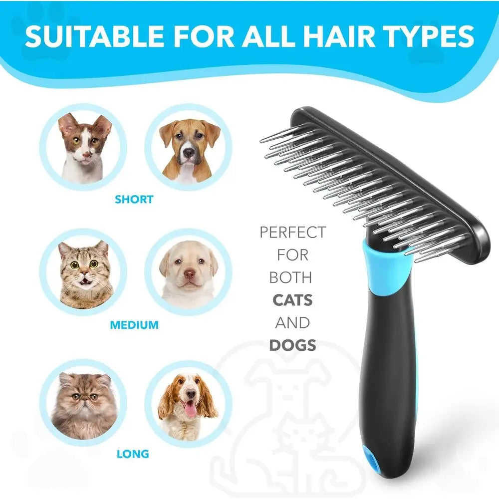 Undercoat Rake for Dogs, Cats - Matted, Short, Long Hair Coats - Double Row Stainless Steel Pins - Reduce Shedding by 90% (Blue)