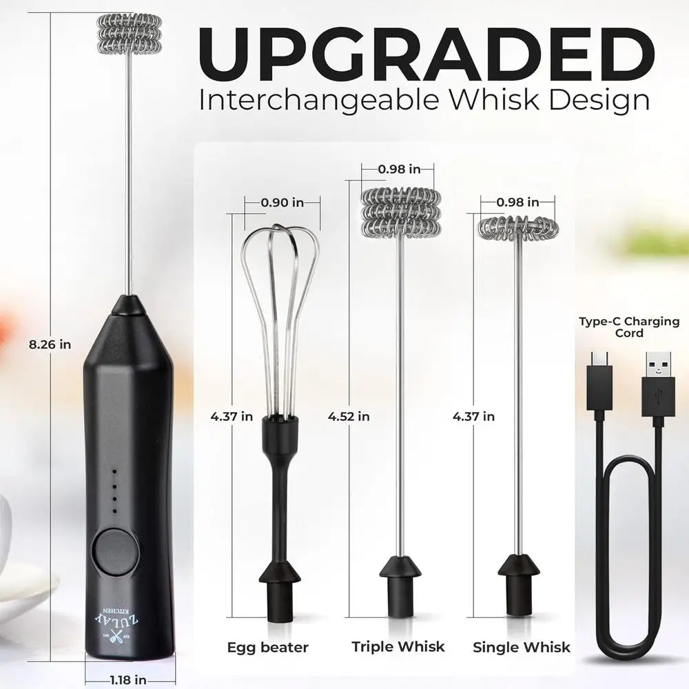 Rechargeable Handheld Milk Frother Wand, Drink Mixer, Electric Whisk, Great for Lattes, Matcha & Protein Powder - 3 Whisks, 3 Sp