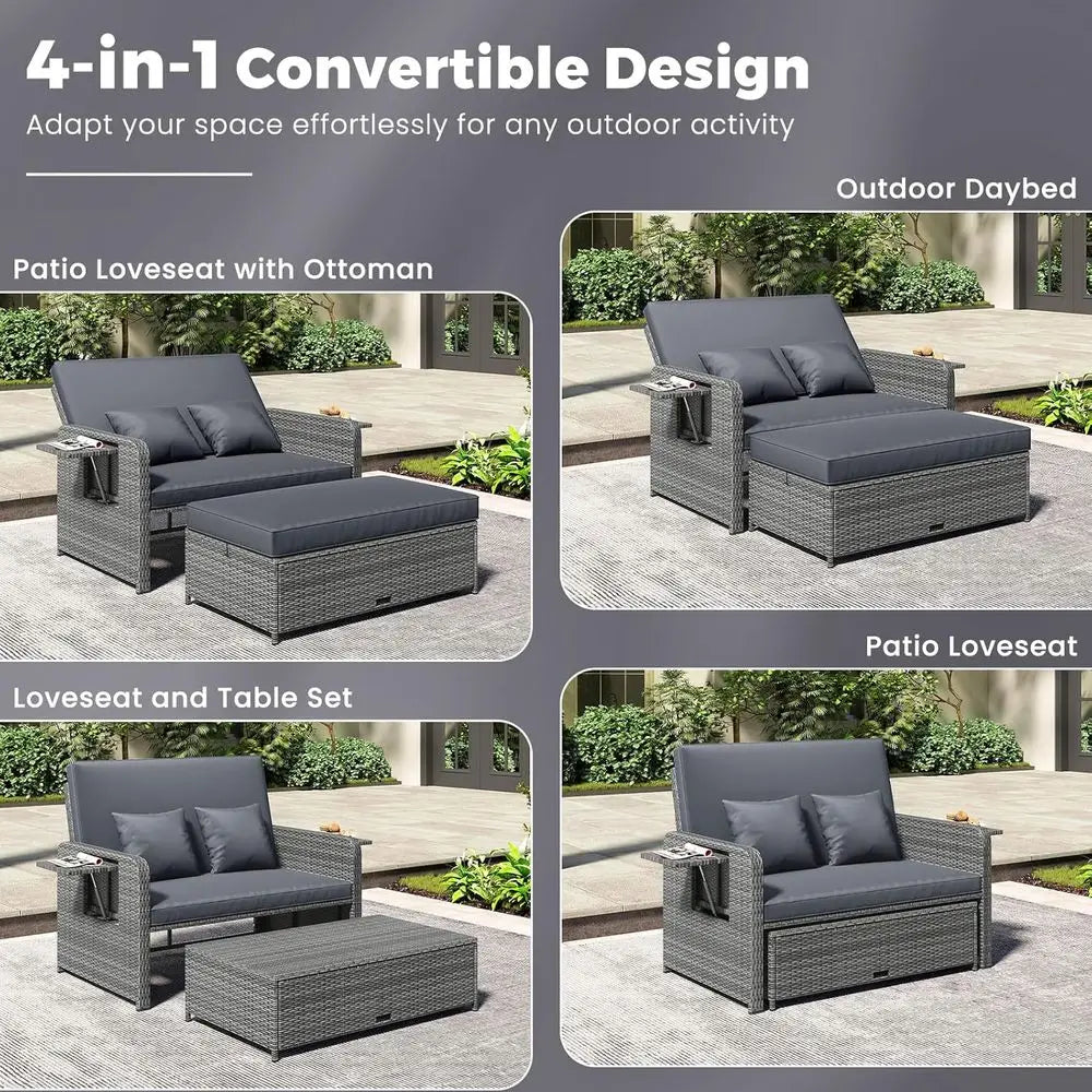 Outdoor Rattan Daybed Set with Loveseat, Storage Ottoman, and Adjustable Backrest for Patio, Deck, or Poolside in Mixed Grey