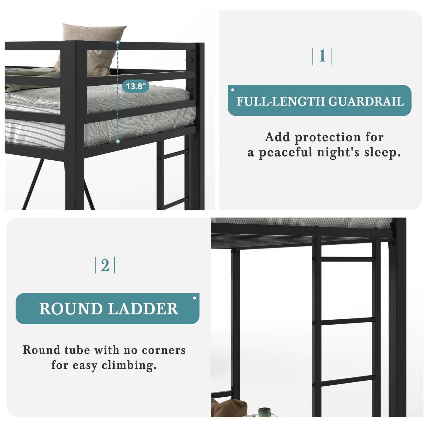 HOOMIC Metal Loft Bed Frame With Guardrail And Removable Ladder