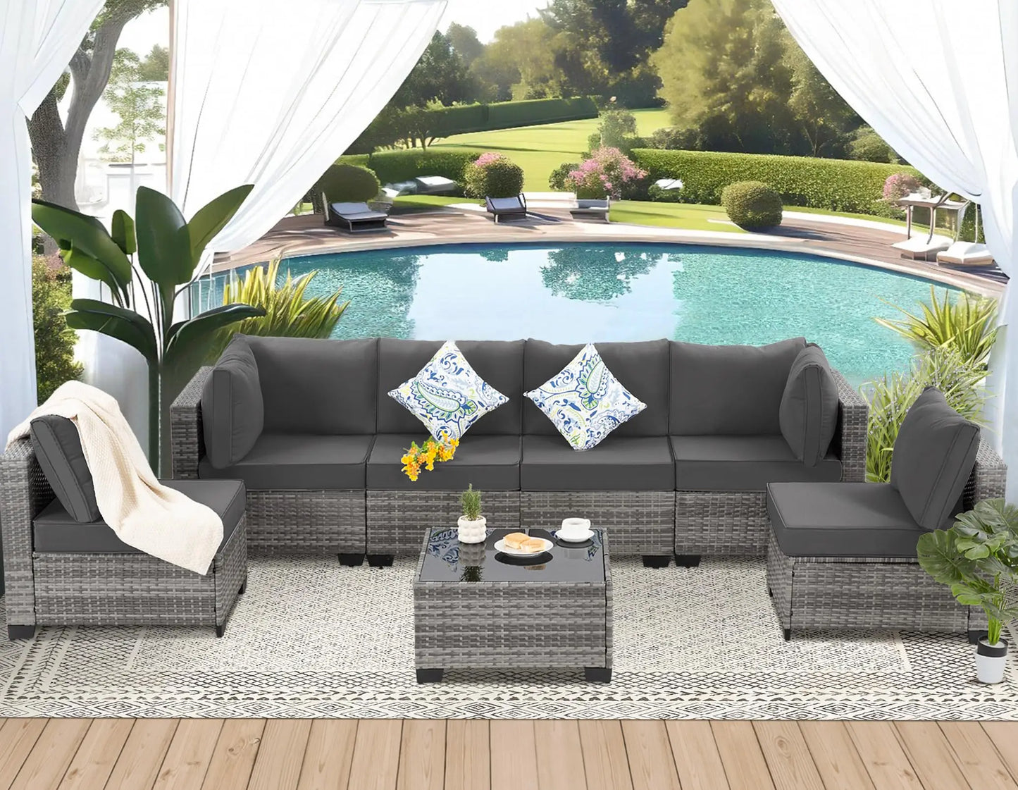 Seven Piece Outdoor Patio Wicker Sectional Rattan Sofa Set