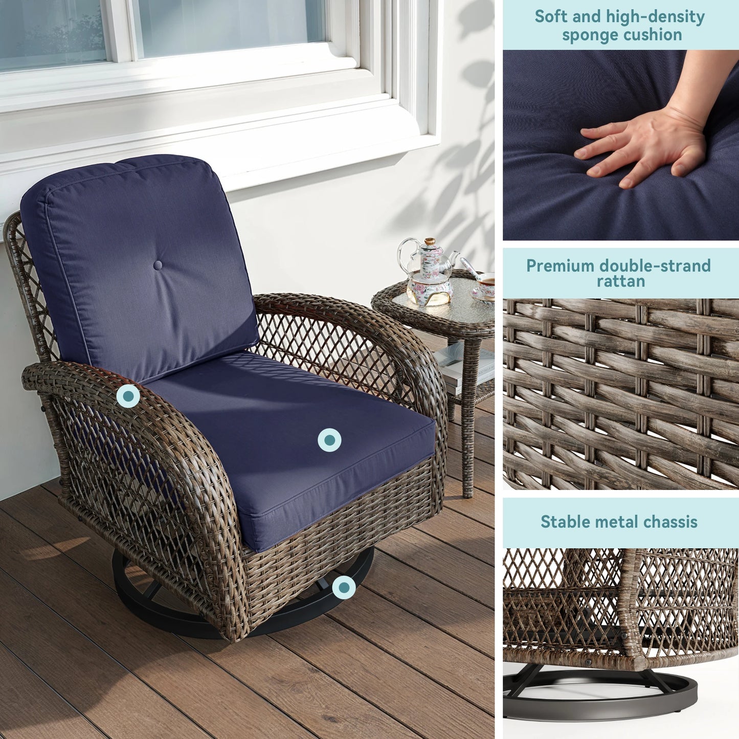 Outdoor Patio Furniture Set With Cushions And Rotating Rocking Chairs