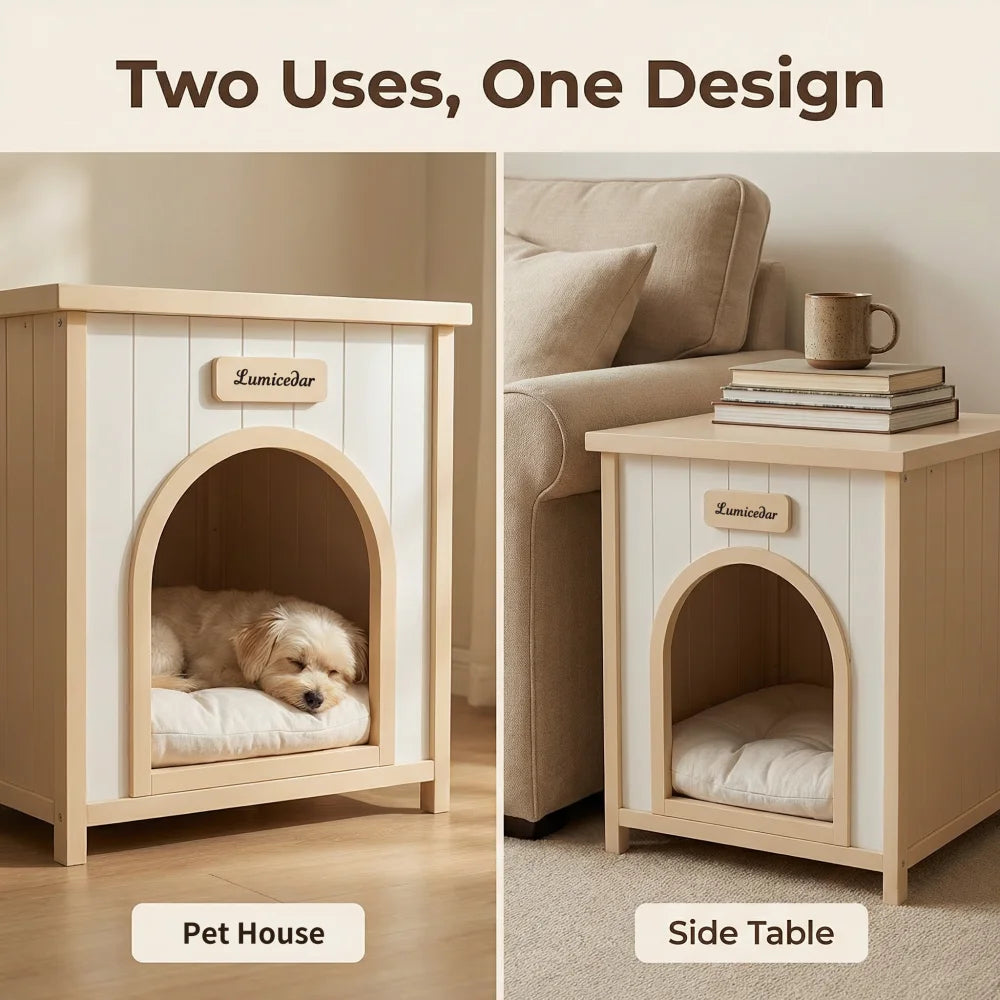 Modern Indoor Wooden Dog House with Removable Cushion – Solid Cedar Pet House for Small Dogs & Cats, Furniture-Grade Scandinavian Design