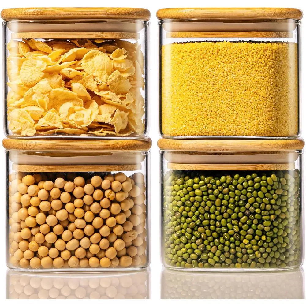 21oz 4 Pack Square Glass Jars with Bamboo Lids, Airtight Food Storage Containers, Pantry Storage for Coffee, Sugar, Spice, Meal