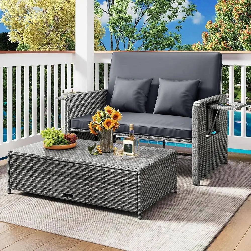 Outdoor Rattan Daybed Set with Loveseat, Storage Ottoman, and Adjustable Backrest for Patio, Deck, or Poolside in Mixed Grey