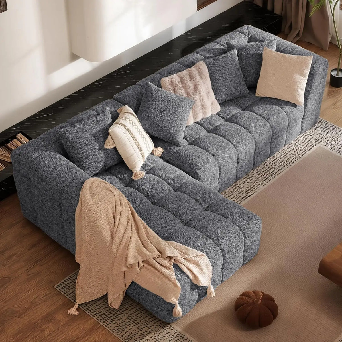 Modern Chenille L Shaped Tufted Sectional Sofa With Boneless Design