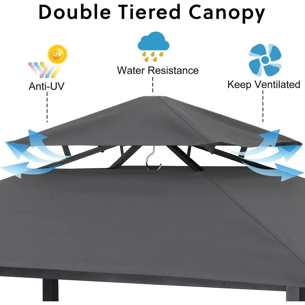 Grill Gazebo with Extra Awning - 6.4'x6.8' Outdoor BBQ with Bar Table and 2 oldable Chairs, Barbecue with LED Lights or Backyard