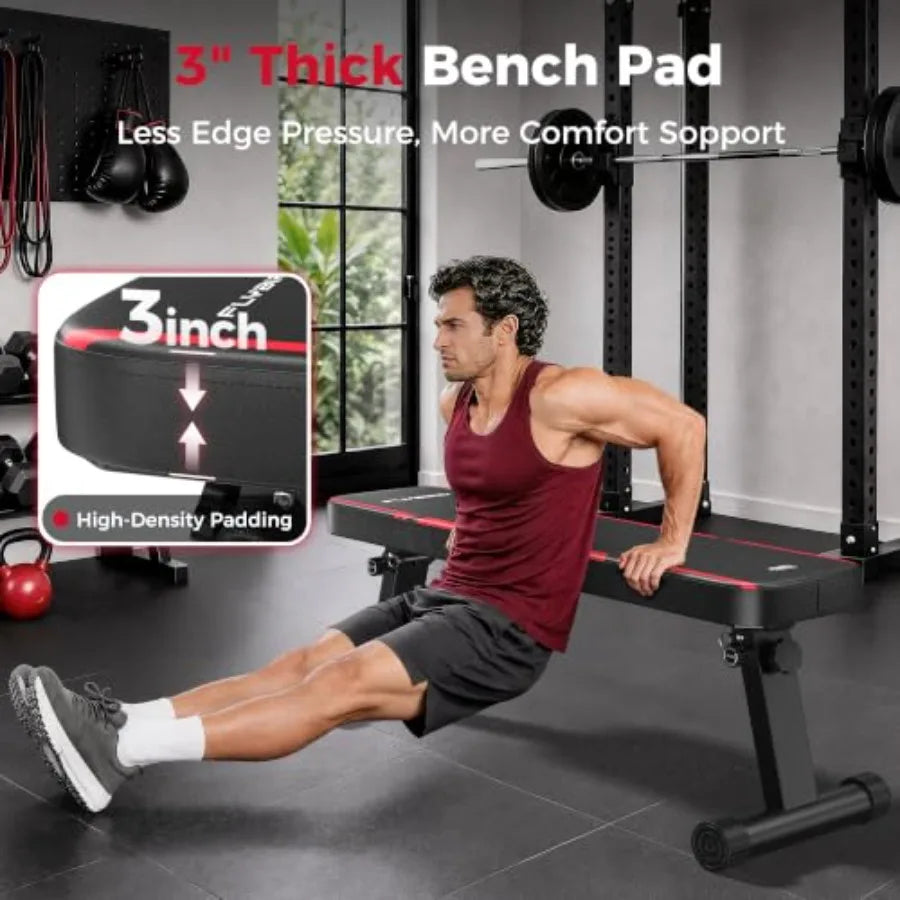 Home gym foldable flat weight bench: steel frame, black, 1000 lbs capacity with dual locking, easy setup compact storage