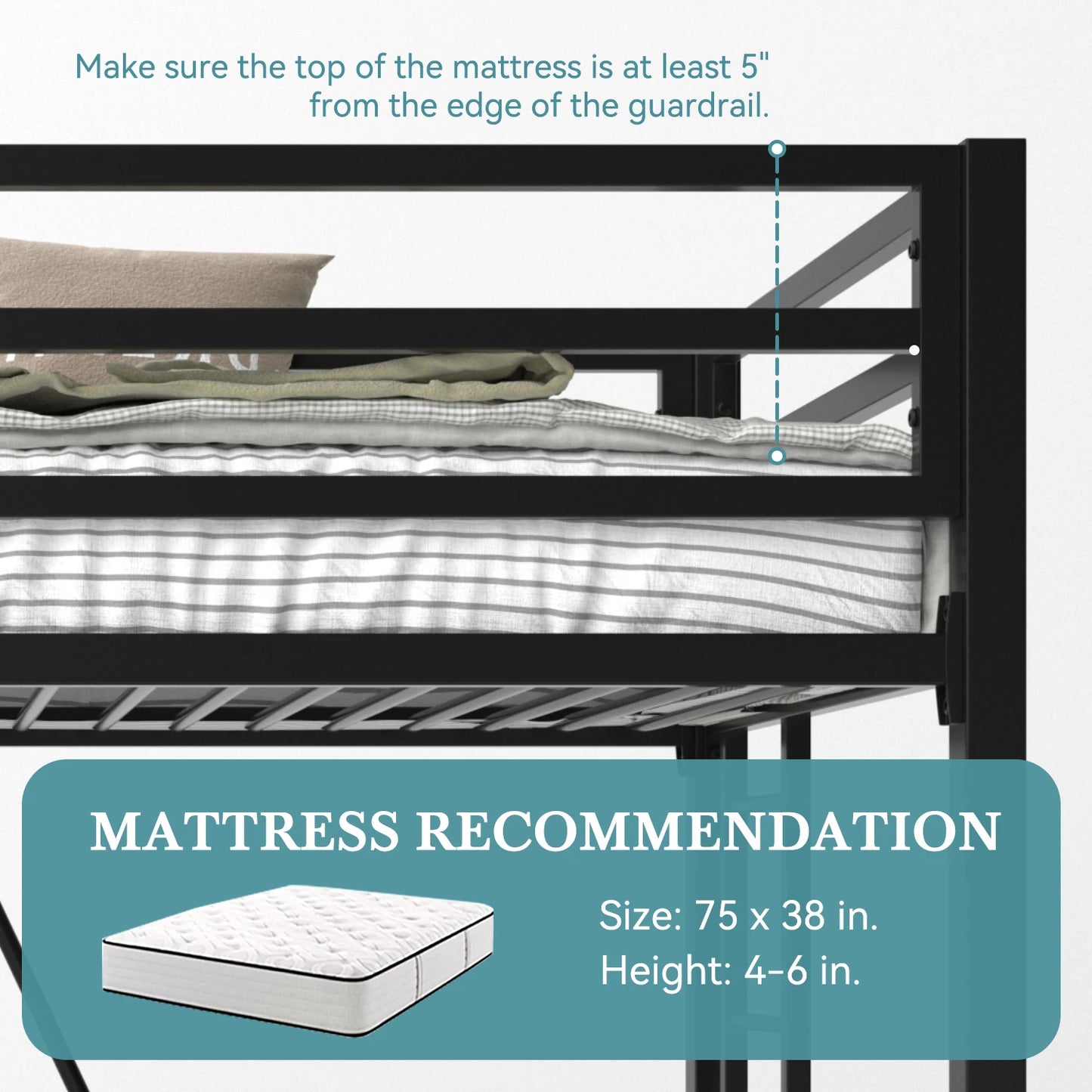 HOOMIC Metal Loft Bed Frame With Guardrail And Removable Ladder