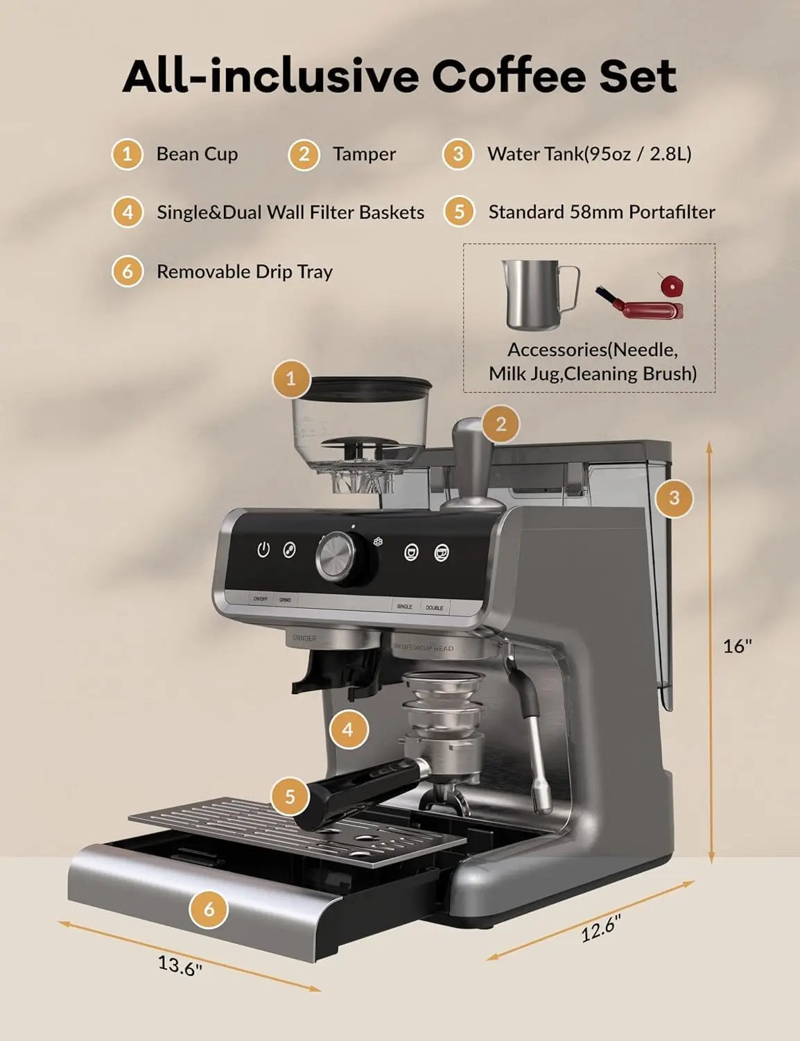 Acekool 20 Bar Espresso Machine 1450W With Built In Grinder