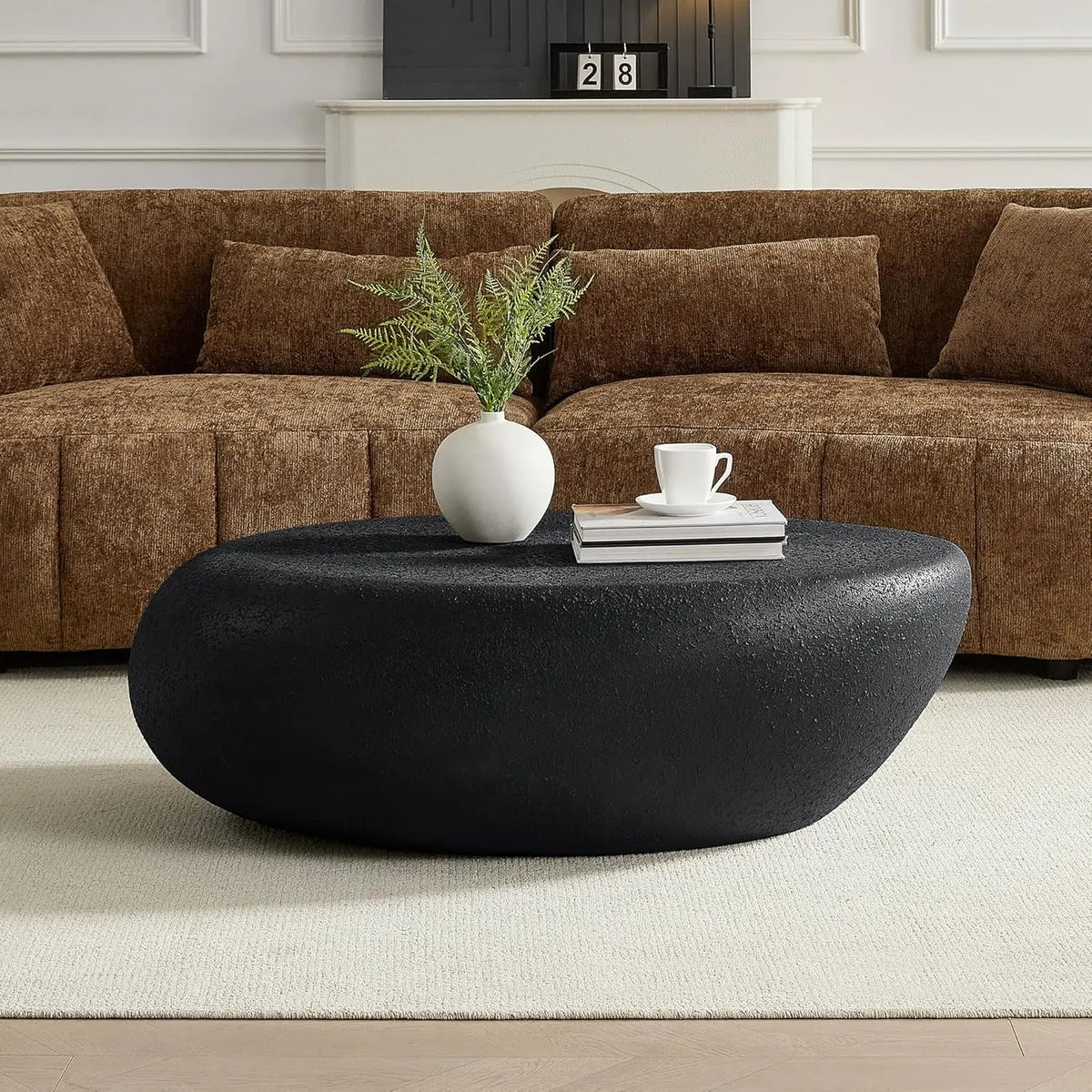 36" Oval Coffee Table, Modern Faux Stone Circle Center Table Accent Travertine Tea Table for Living Room, Magnesium, Customized