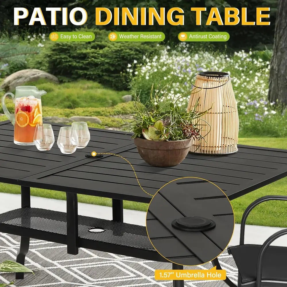 60"x36" Patio Dining Table, Outdoor Metal Recular Table Patio urniture Classic Black Table with 1.57" Umbrella Hole, or Garden B