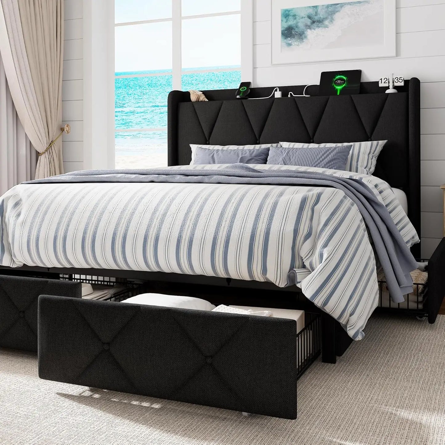 Full Size Upholstered Bed with 4 Storage Drawers, Charging Station, Wingback Headboard, Noise-Free, Black, Customized
