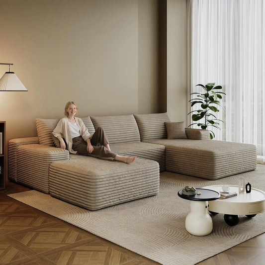 Sectional Sofa Modern Modular U Shape Corduroy Couch Living Room