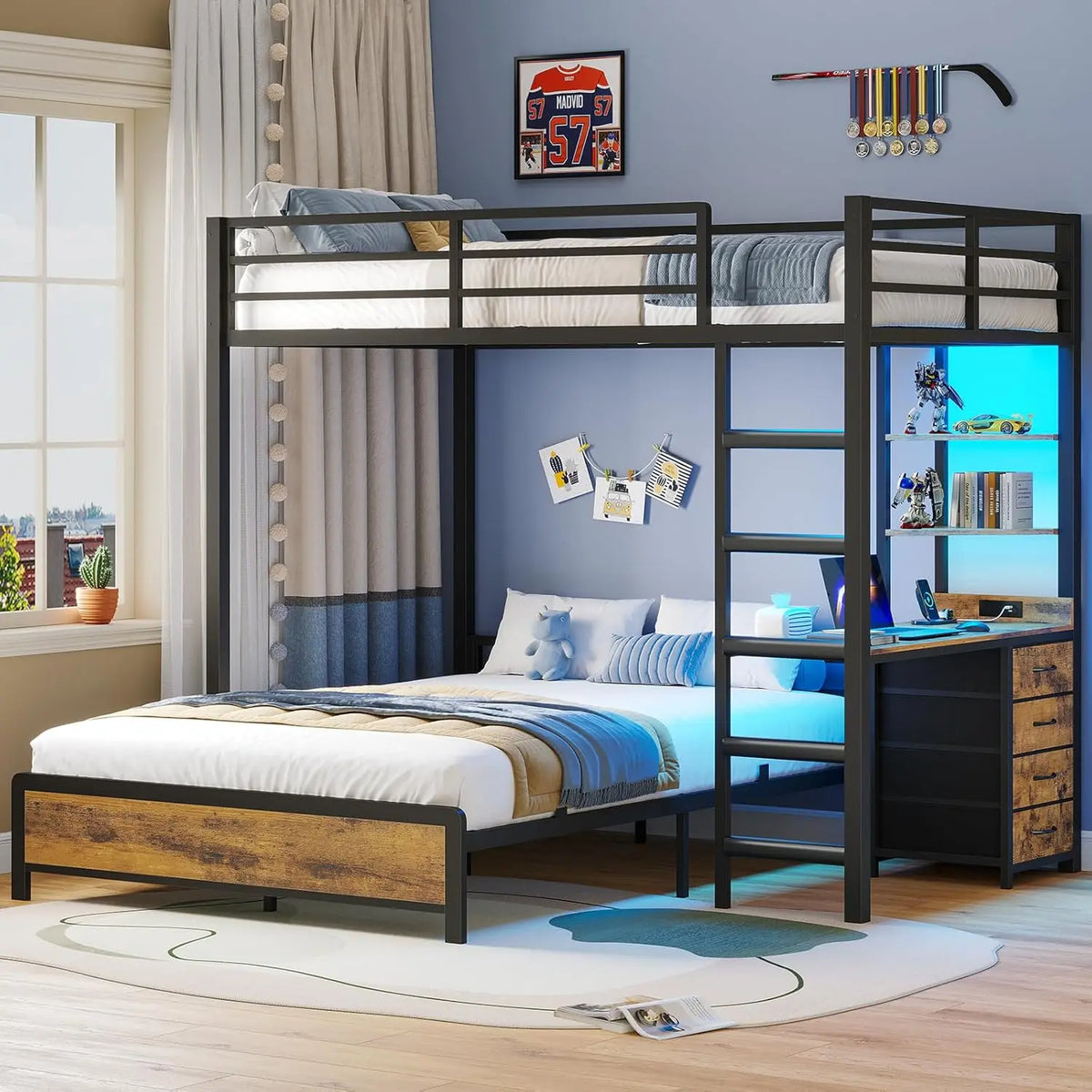 Twin Over Full Bunk Bed with Desk, Bunk Beds Twin Over Full Size with Charging Station & Led Lights, Storage, Customized
