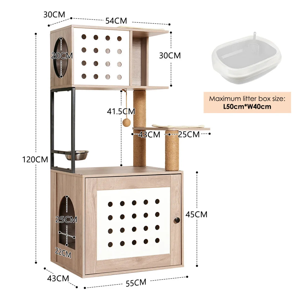 Cat Tree with Litter Box Enclosure, All-in-one Indoor Cat Tower with Hammock Bed Food Station Scratching Posts Pet Furniture