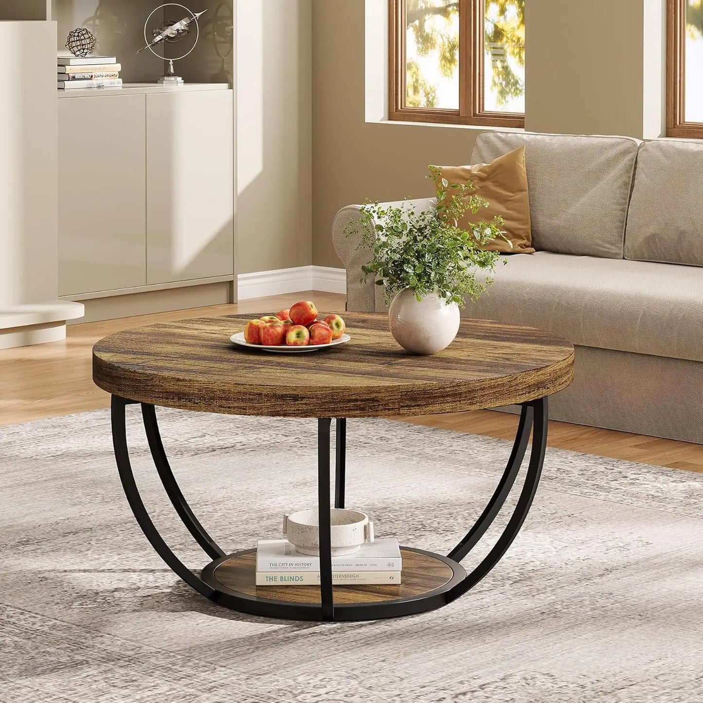 Little Tree Marble Circle Coffee Table With Open Storage And 2-Tier Metal Legs