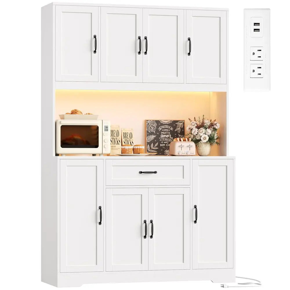 70 LED Kitchen Pantry Cabinet with Charging Station, 47 Wide Pantry Storage Cabinet with Large Microwave Stand, Modern Kitchen