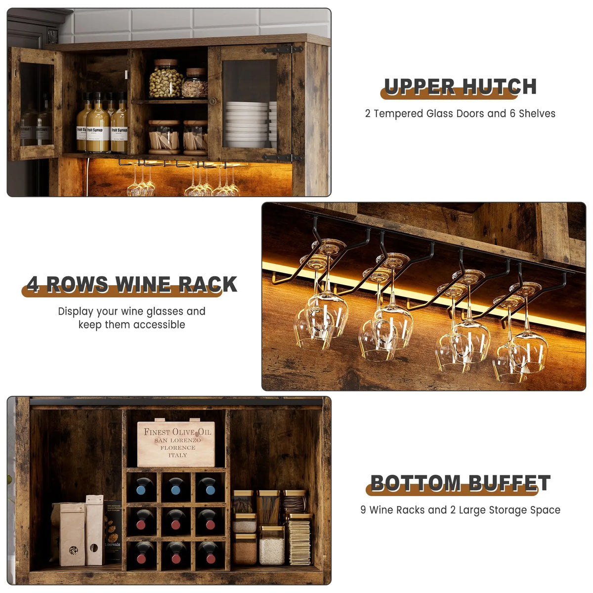 HiMISS Farmhouse Coffee Bar Cabinet With LED Lighting Wine Rack