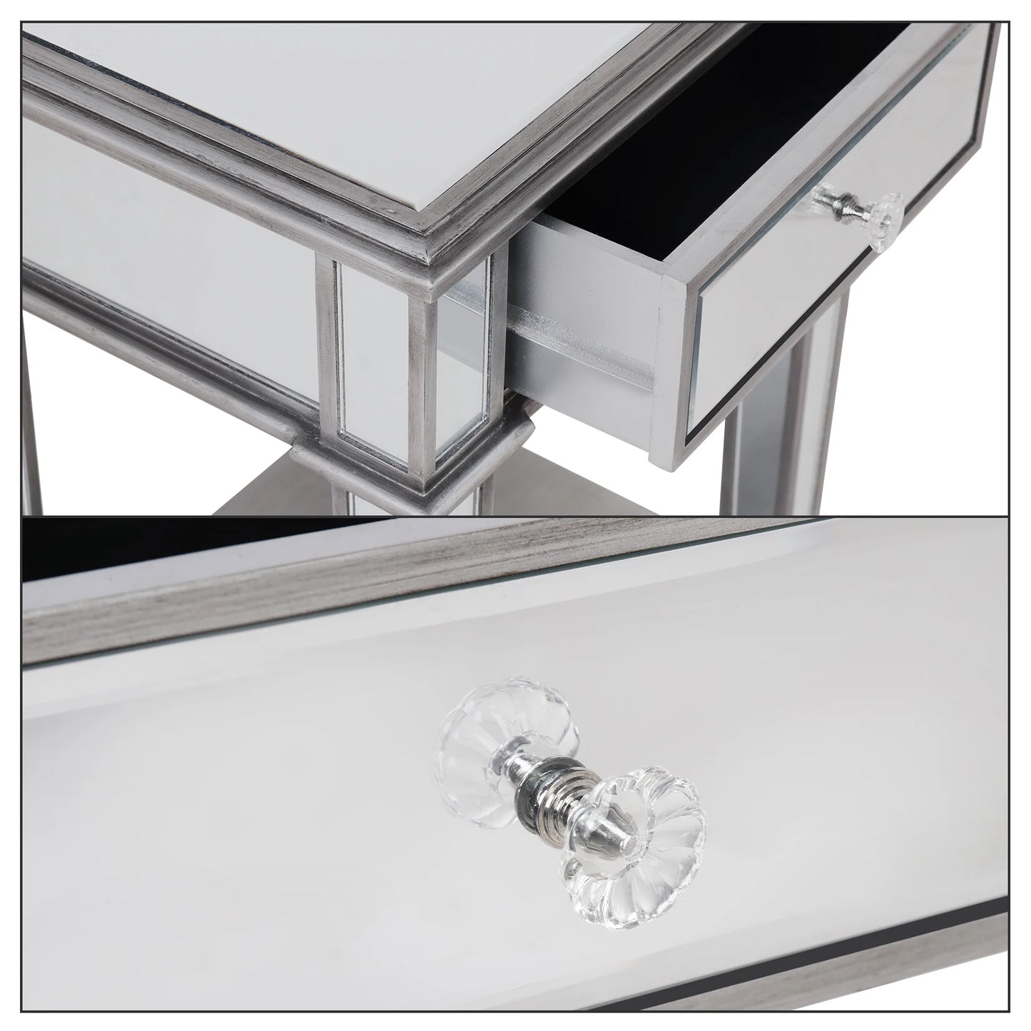 Modern Silver Mirrored Wood And Glass End Table With Drawer
