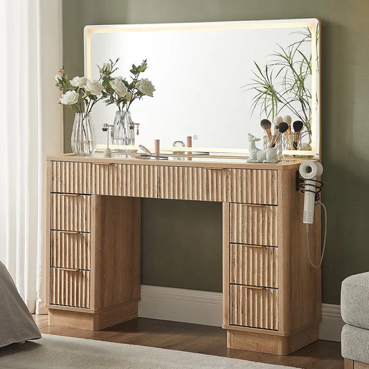 48 Fluted Makeup Vanity Desk with Large Led Lighted Mirror, Modern Vanity Table with 8 Drawers amp Charging Station, Glass Top