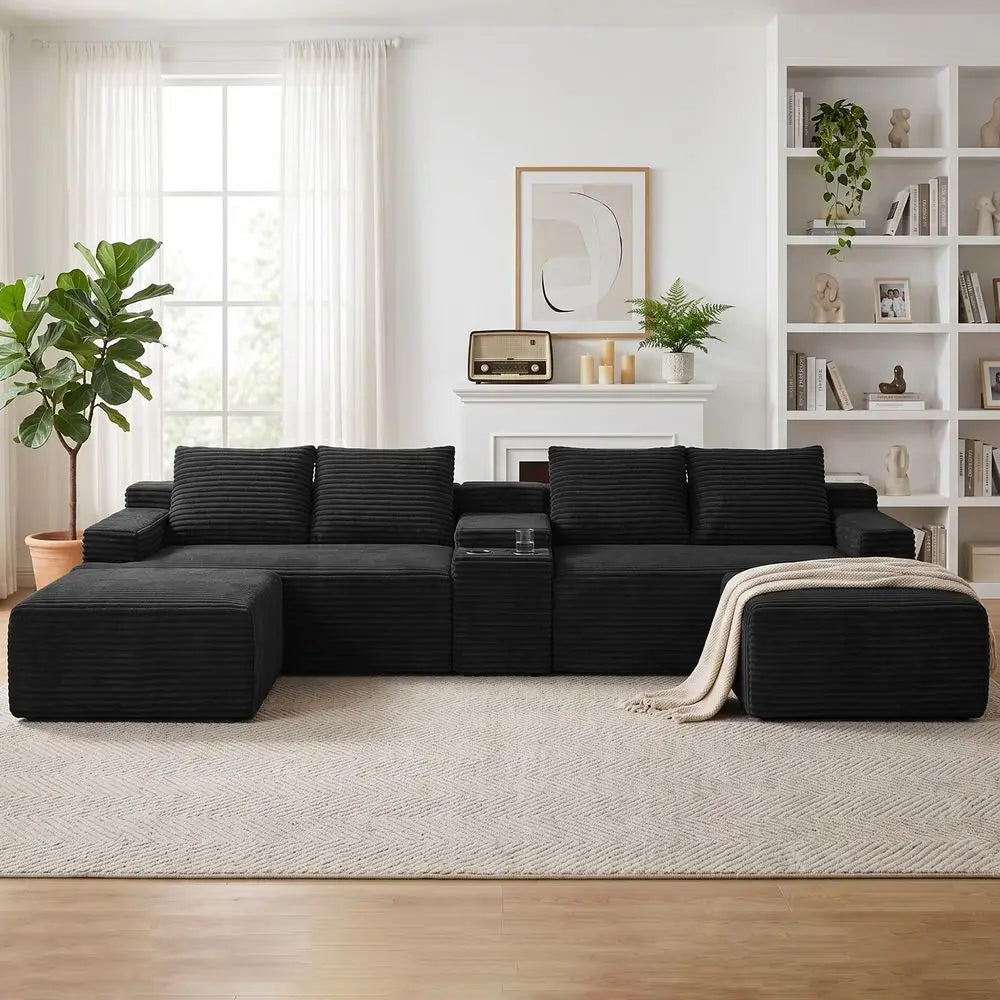 140.6 Boneless Sectional Sofa Couches for Living Room, Oversized U Shaped Cloud Modular Set w Center Console, Cup Holders, Side