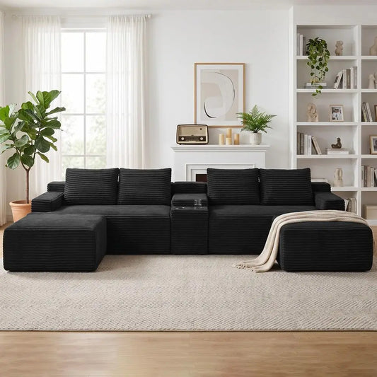 140.6 Boneless Sectional Sofa Couches for Living Room, Oversized U Shaped Cloud Modular Set w Center Console, Cup Holders, Side